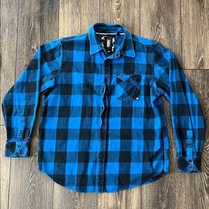 Ocean Current Blue Black Buffalo Plaid Flannel Button Down Shirt Mens Medium